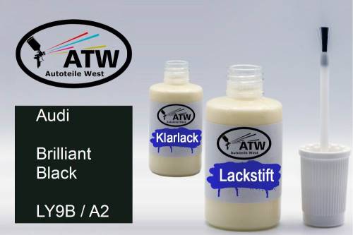 Audi, Brilliant Black, LY9B / A2: 20ml Lackstift + 20ml Klarlack - Set, von ATW Autoteile West.